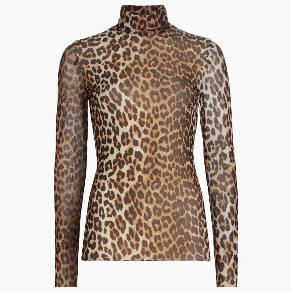 Ganni Leopard Print Mesh Mock Neck Long Sleeve‎ Top Size 38 or Size 6 US - Picture 3 of 13